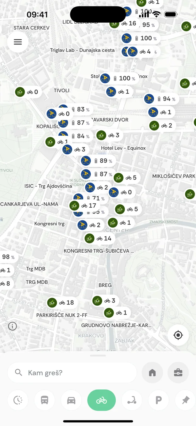 Zemljevid koles BicikeLJ s prostimi kolesi