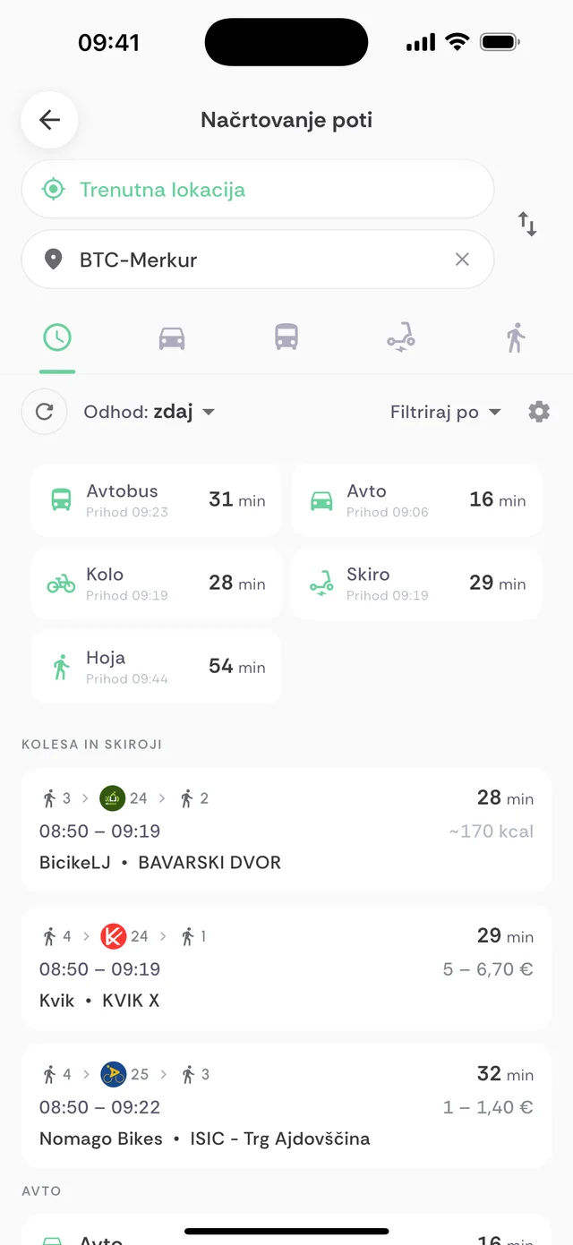 Načrtovanje poti v aplikaciji točen.si: primerjava avtobusa, avta, kolesa, skiroja in hoje do BTC